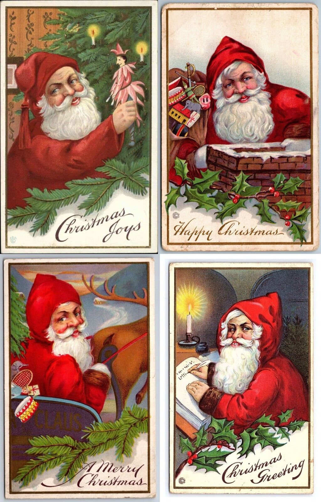 Lot of 4~SANTA CLAUS~with Toys~Chimney~Sled Antique Christmas Postcards Set~h786