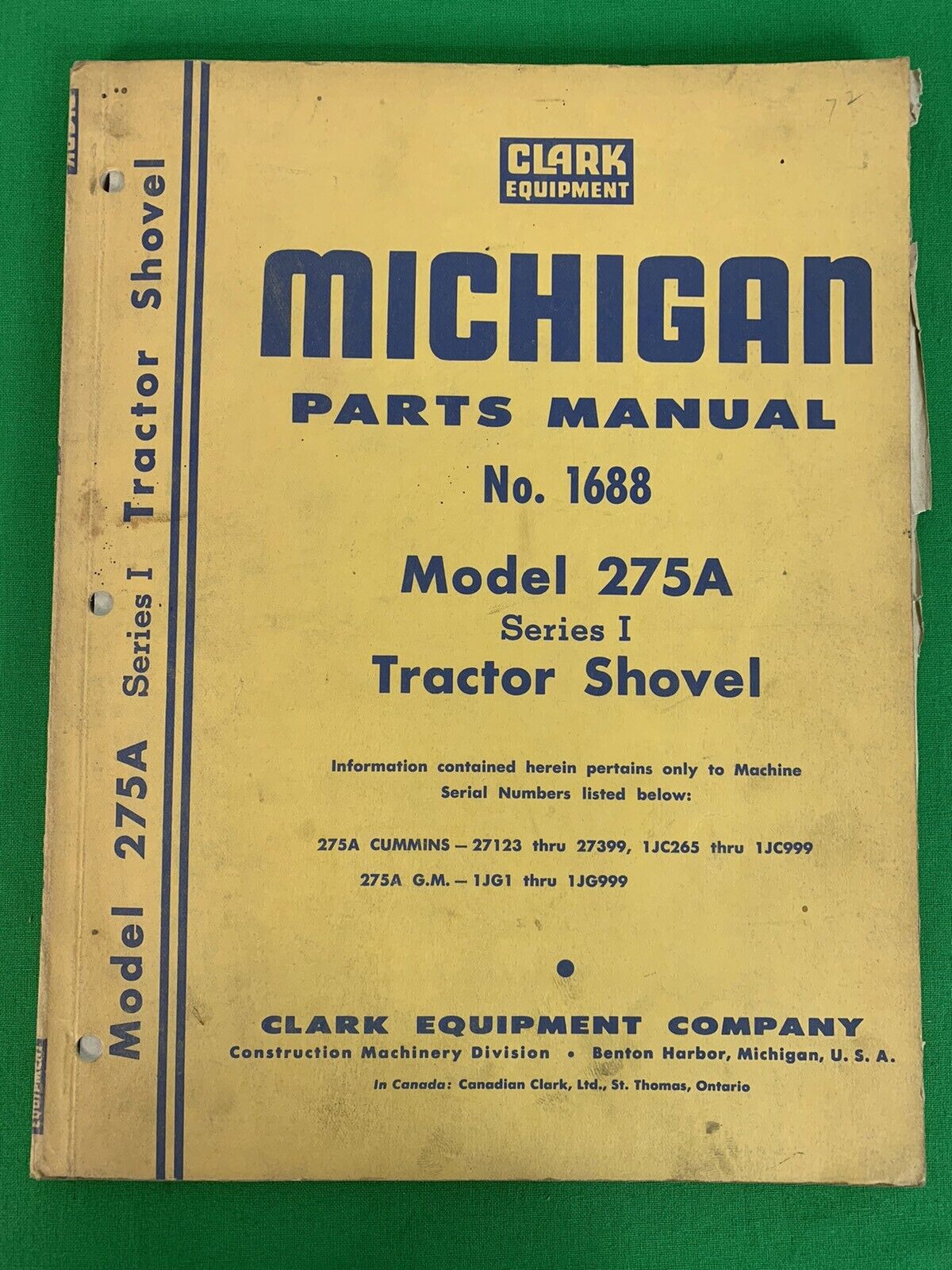 OEM, CLARK MICHIGAN Model 275A TRACTOR SHOVEL Parts Manual No.1688