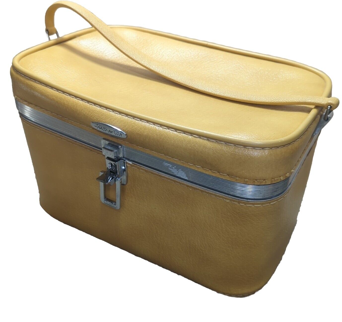 Vintage Sears Featherlite Yellow Train Case Make-Up Luggage Hardshell w.  Key