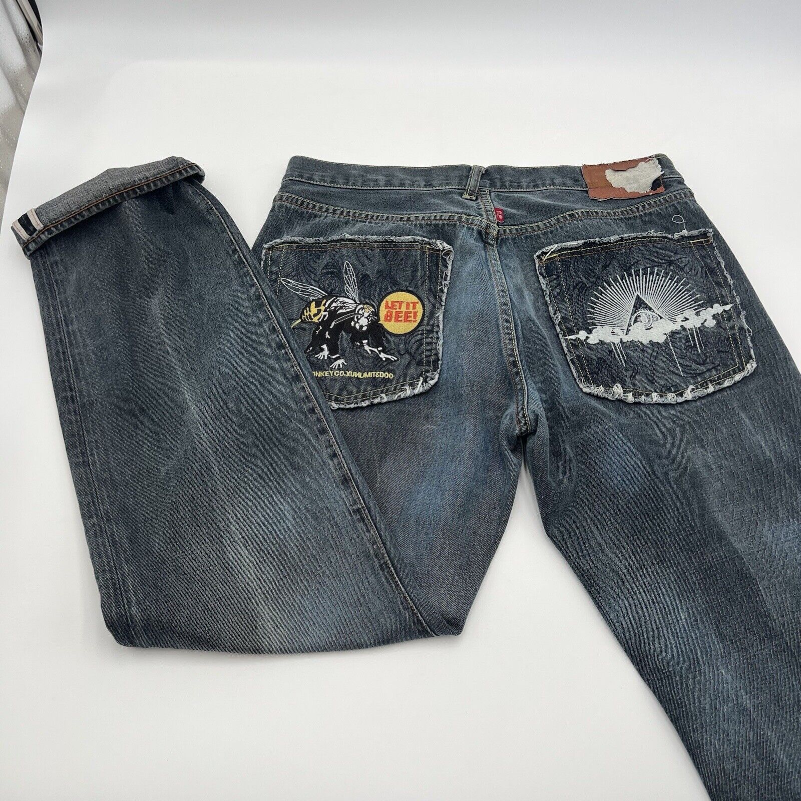 Vintage Y2K Red Monkey Martin KSOHOH Let it Bee Selvedge Faded Blue Jeans 36x32\