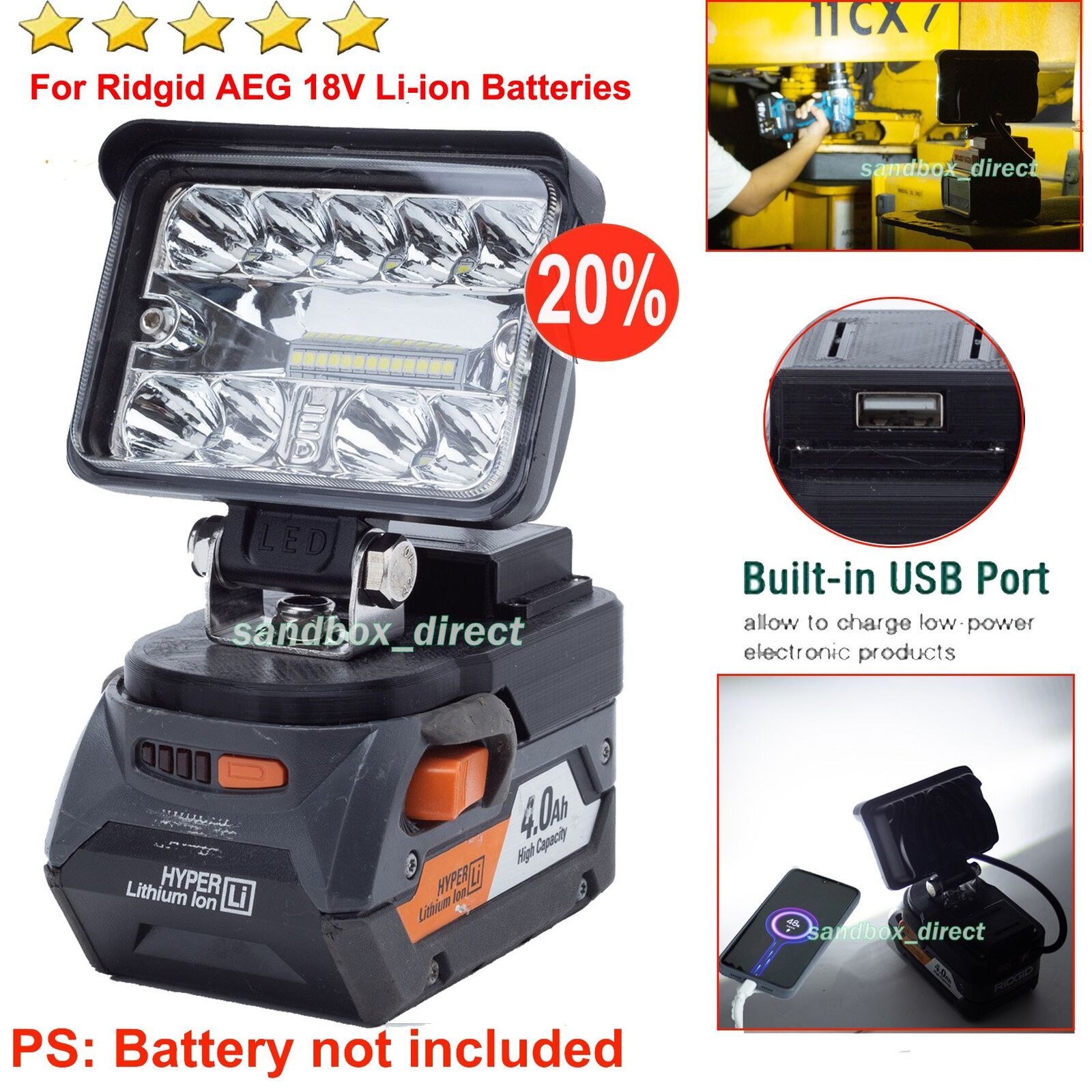 Super-Bright LED Work Light for Ridgid 18V Batteries 2800LM w/FAST CHARGE USB