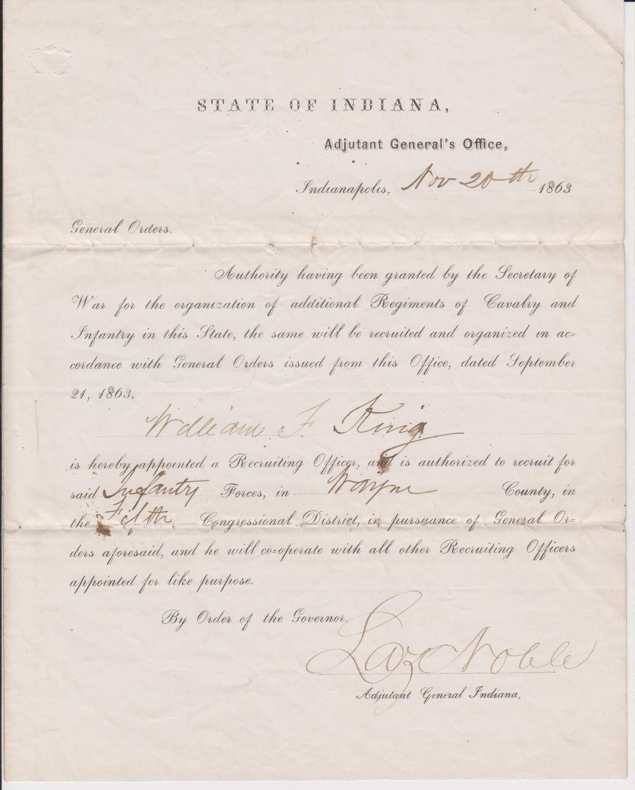 CIVIL WAR STATE OF INDIANA RECRUITING OFFICER APPOINTMENT SIGNED LAZARUS NOBLE +
