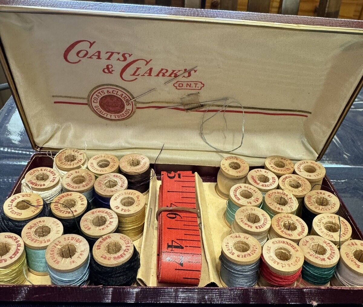 Vintage COATS & CLARK’S O.N.T. Sewing Case with Small Wood Spools, Misc.