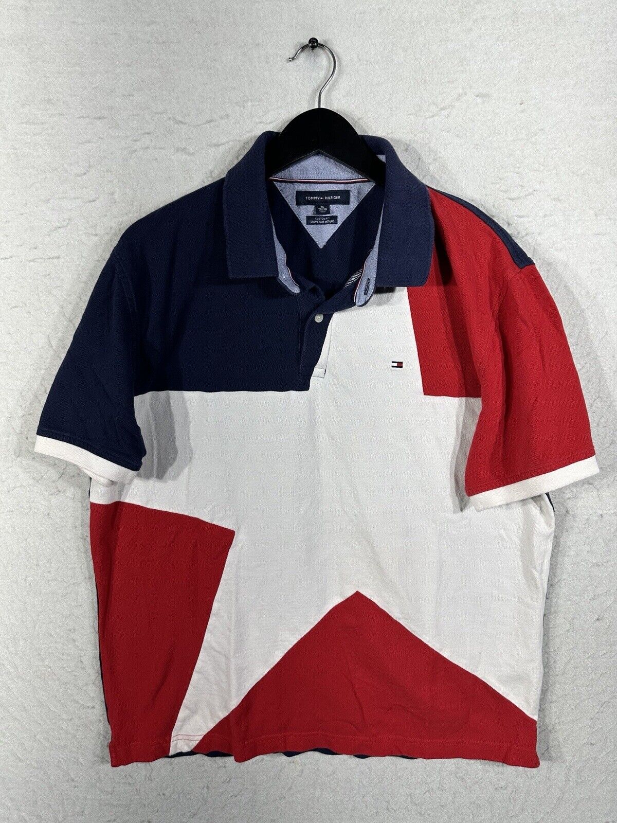 Vtg Tommy Hilfiger  Star 1/4 Button Short Sleeve Polo  Mens Sz XL (Red & Blue)