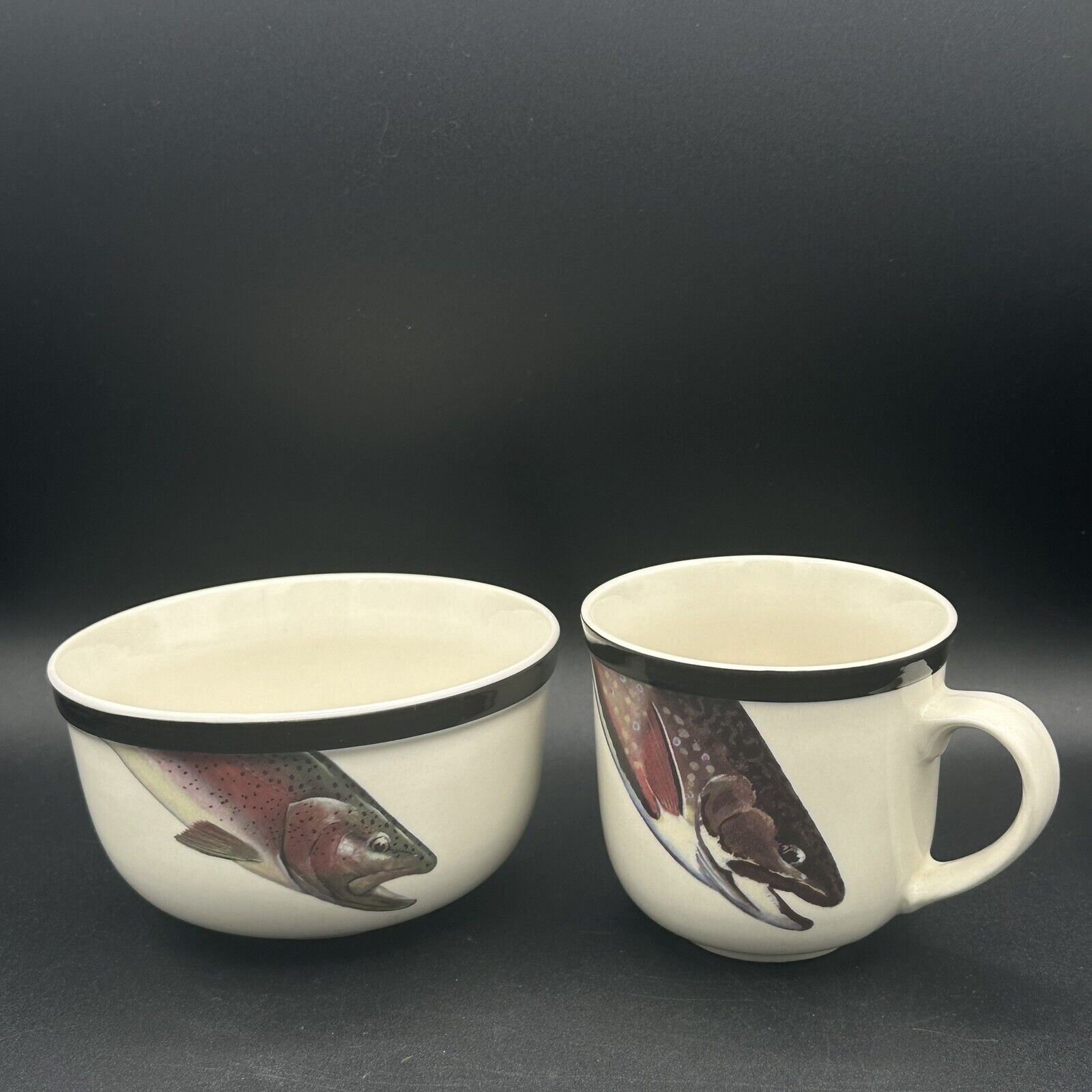 Angler\'s Expressions 1998 Trout Bowl And Coffee Mug~Hand Decorated Geoff Hager