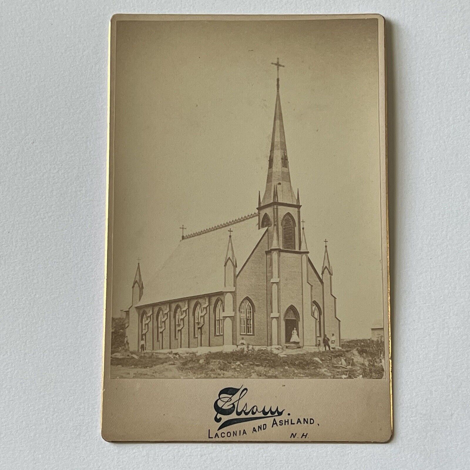 Antique Cabinet Card Photograph Beautiful Church Building Laconia & Ashland NH