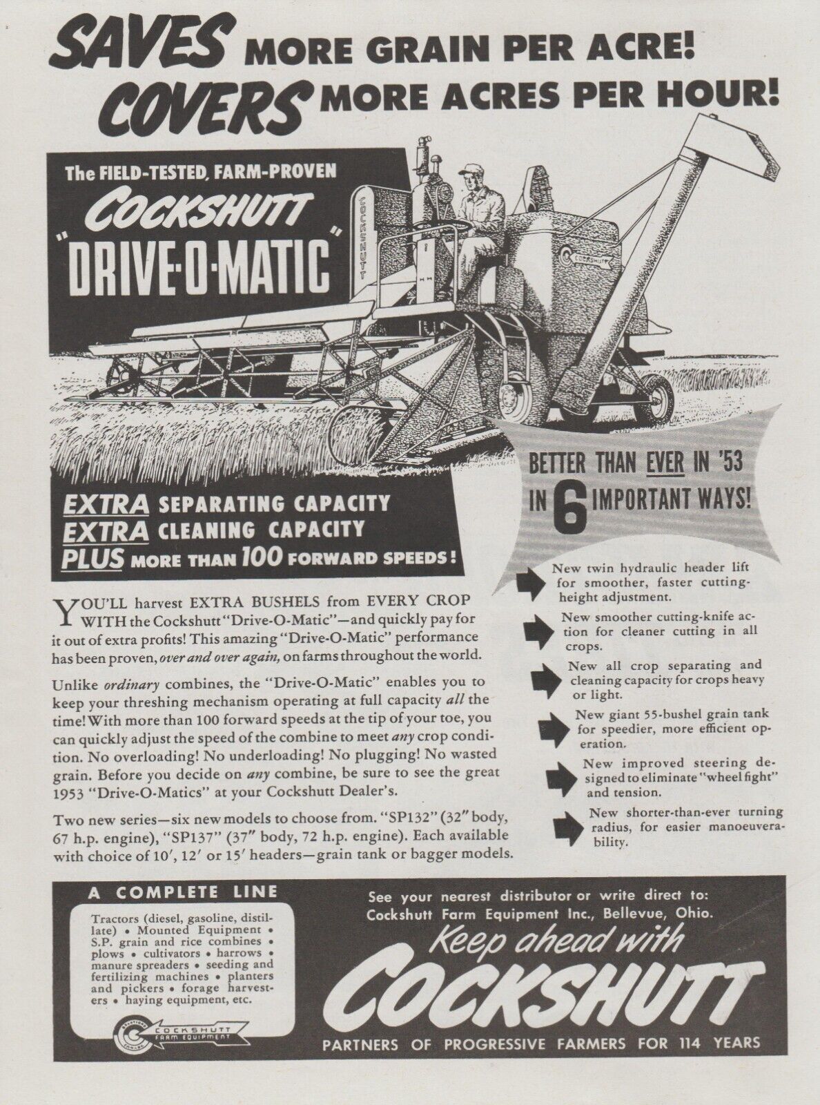 1953 Cockshutt Drive-O-Matic Harvester - Grain Farmer Works Crop - Print Ad Art