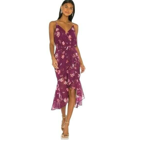 Revolve LPA Luma Midi Ruffle Backless Dress Purple Floral NWT Sz Small