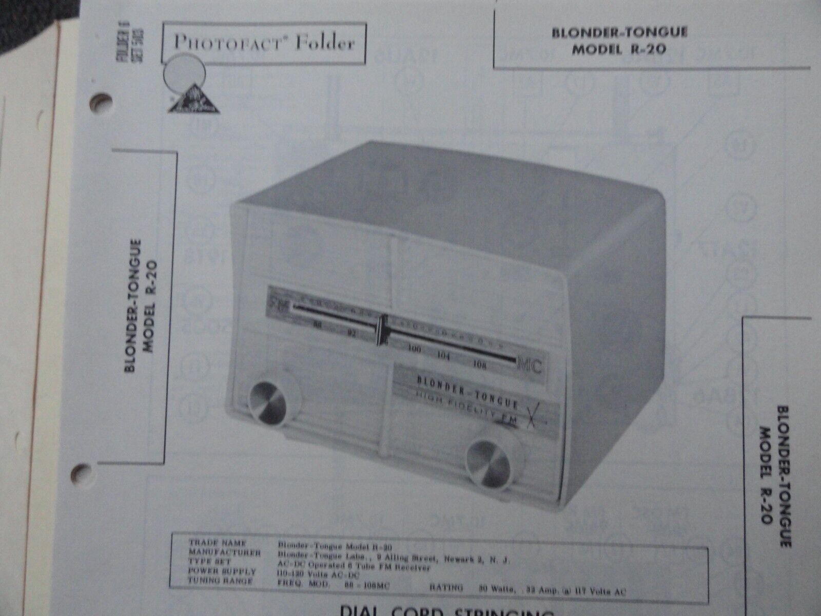 Original Sams Photofact Manual BLONDER-TONGUE R-20  (503)