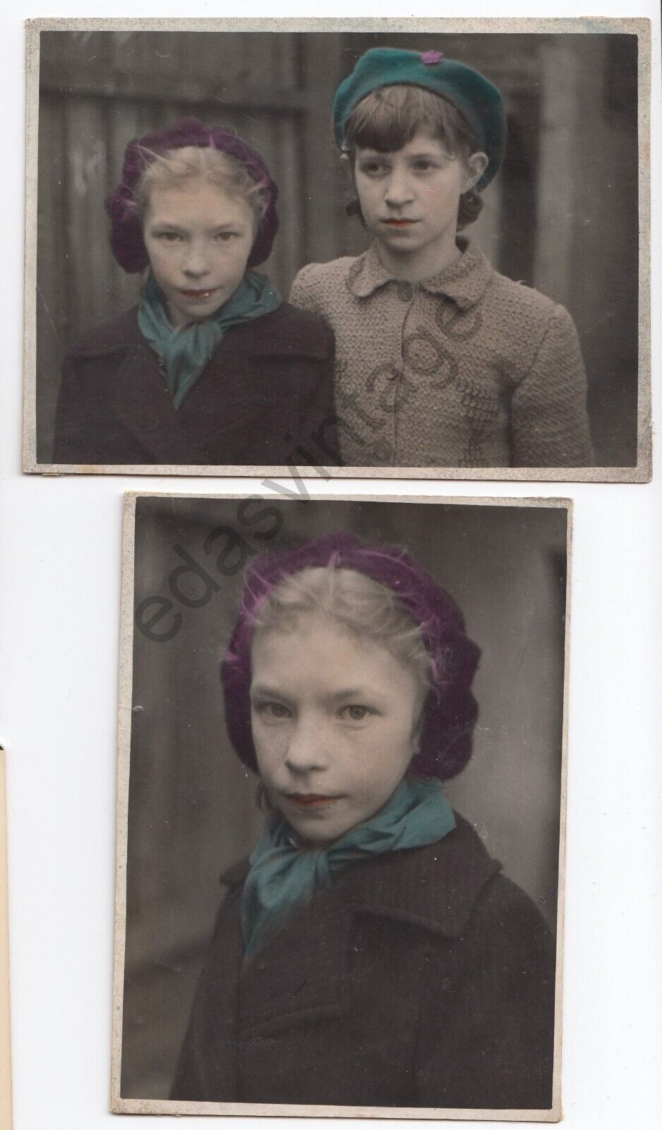 2pcs 1947 Pretty young girls Hand tinted colored Unusual odd antique photo USSR