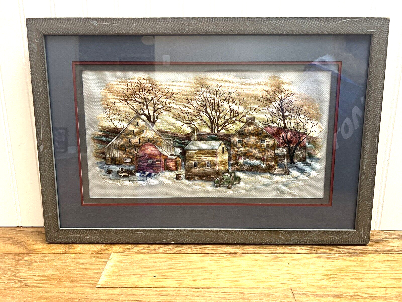 Cross Stitch Winter Farm Completed Framed With Mat And Glass Large 14 x 21 Inch