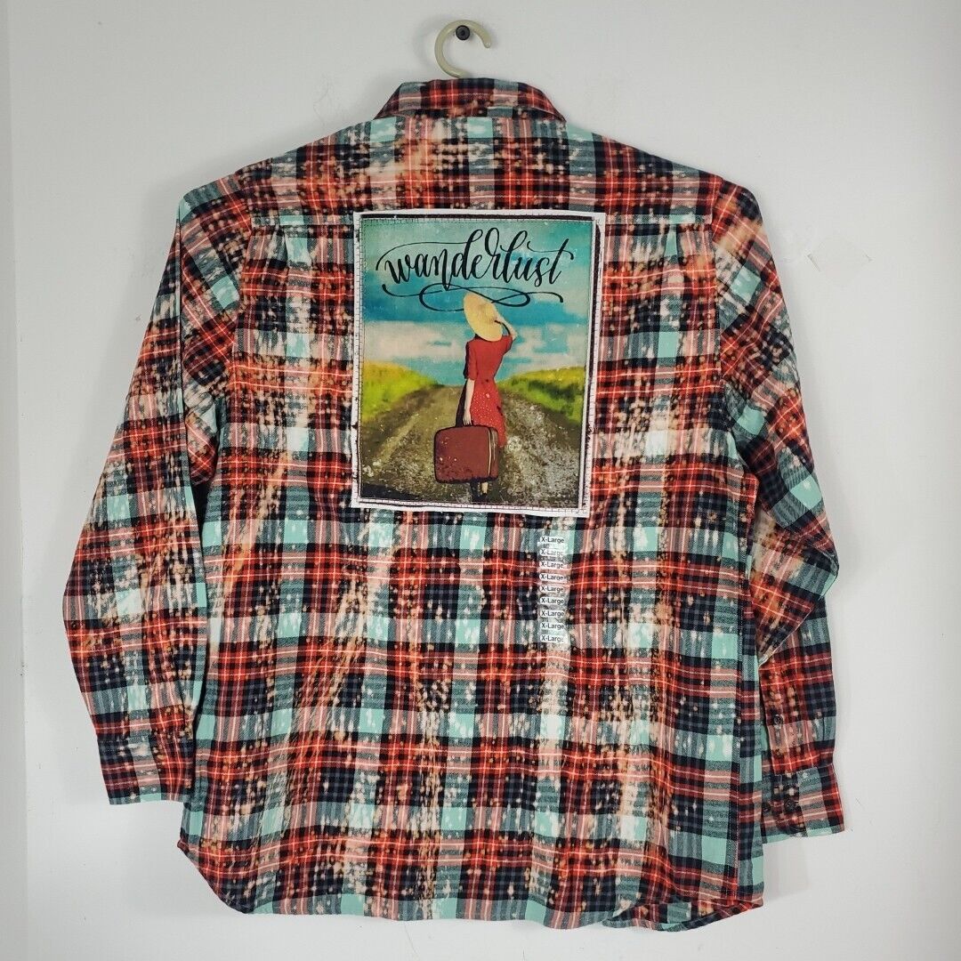 Angry Minnow Art Flannel Button Shirt Wanderlust Men Red Teal Splatter Plaid XL