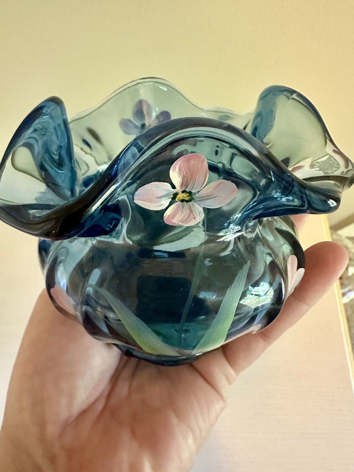 Fenton Blue Vase Hand Painted Flowers Signed M Wagner? Art Glass Vintage