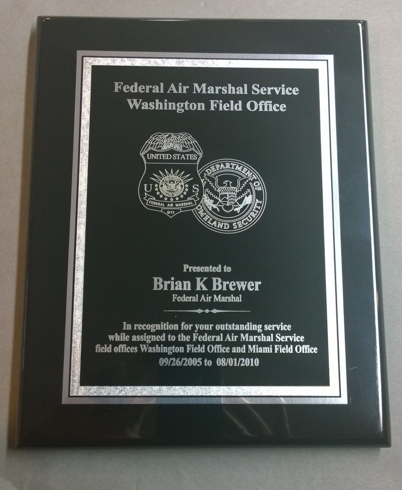 Federal Air Marshal Service Plaque Recognition Award 