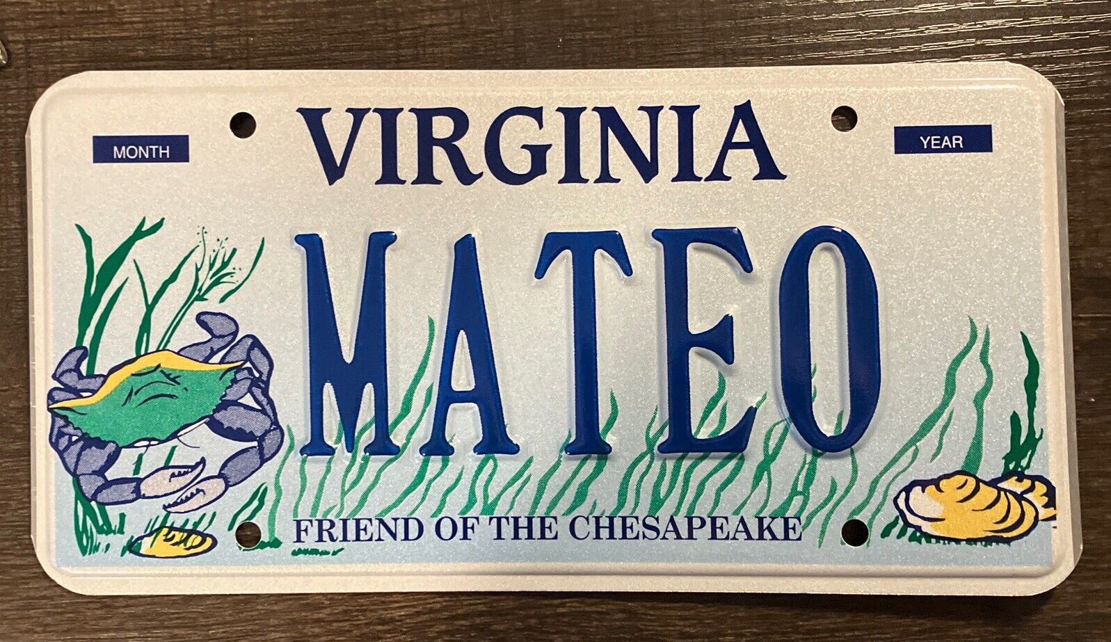 Virginia Personalized Vanity License Plate MATEO Tag Keepsake Chesapeake Crab