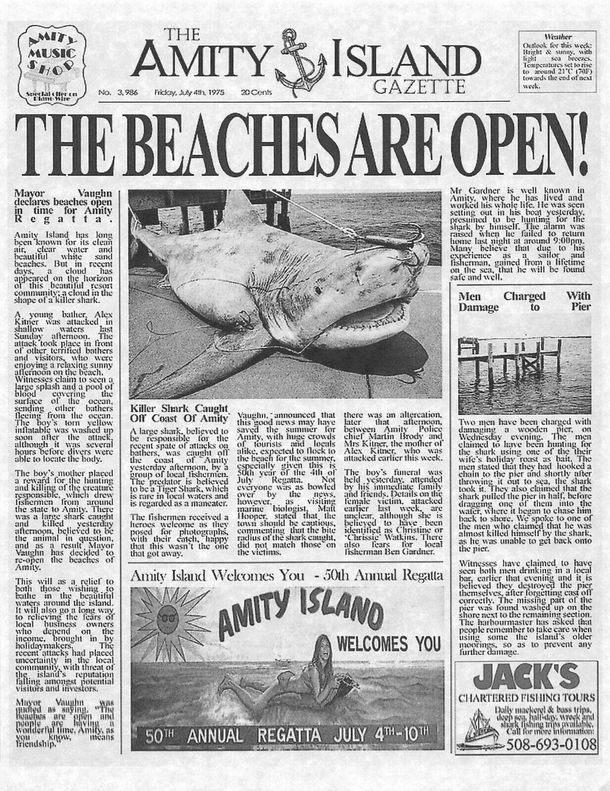 1975 Jaws Amity Island Gazette The Beaches Are Open Print Great White Shark