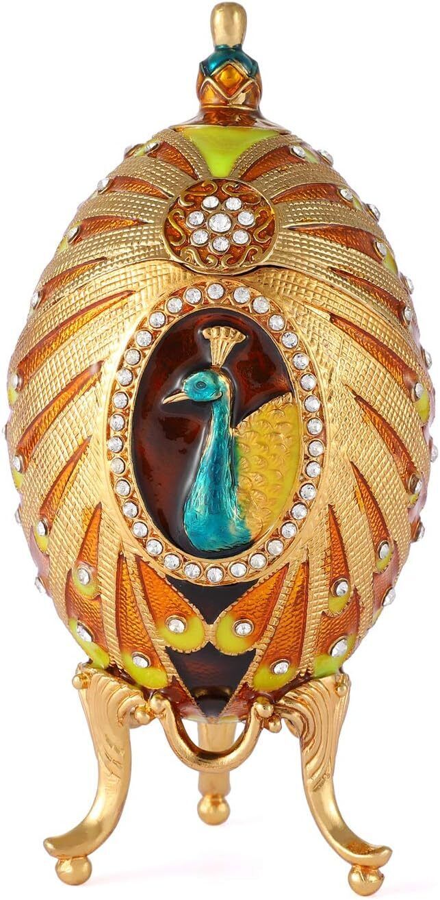 Bejeweled Peacock Faberge Egg Hinged Metal Enameled Crystal Trinket box