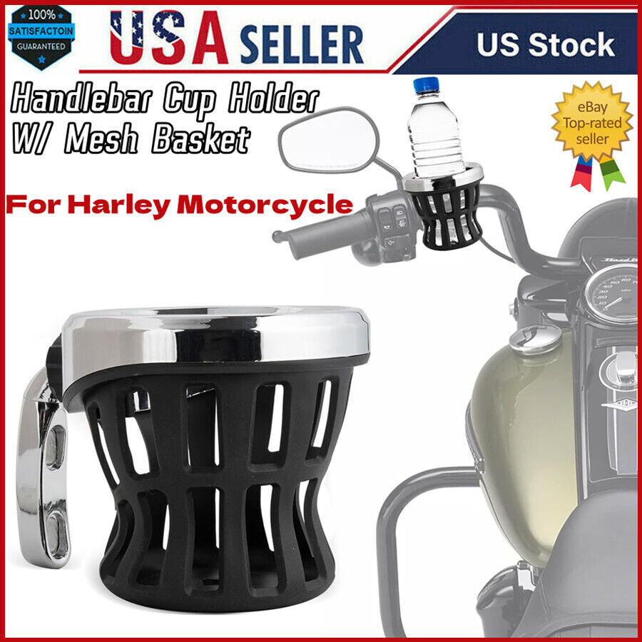Handlebar Cup Holder Drink W/ Mesh Basket Mount Universal For Harley Motorcycle