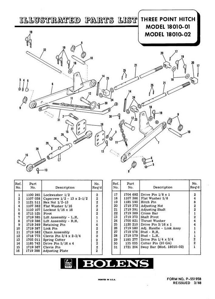 Service Parts Manual Bolens 3PT Hitch Attachment Model 18010-01 18010-02 1968