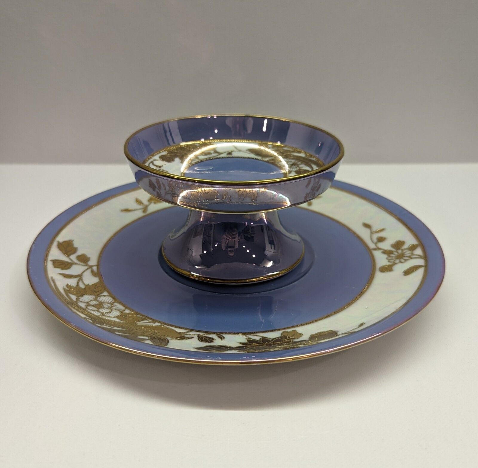 Stunning Noritake 2-pc. Blue Lustreware Pedestal Dip & Plate Set w/ Gold Design 