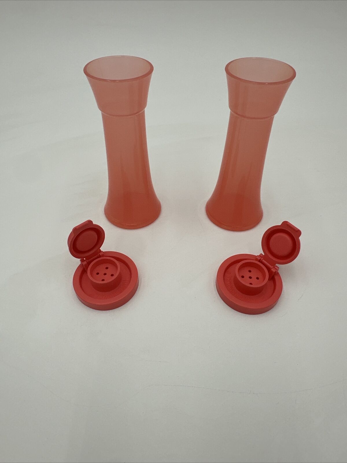 Tupperware Small 4” Hourglass Salt and Pepper Shakers Mini Guava Color Sale