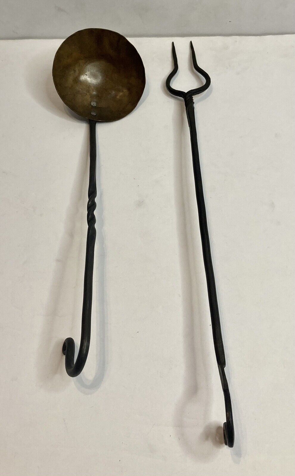 Antique Primitive Early American Wrought Iron Brass Utensils Ladle Fork Numbered