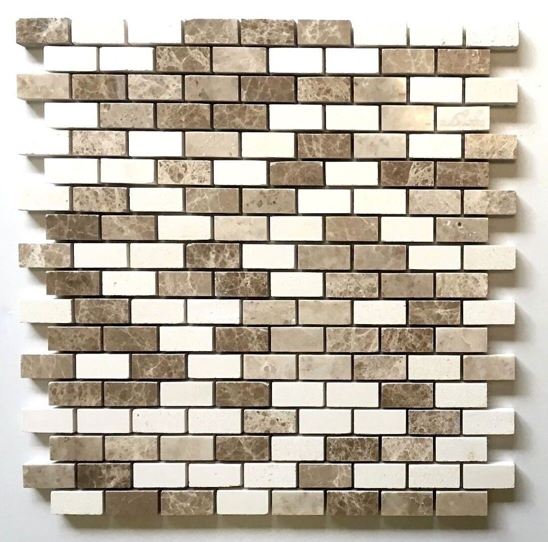Mini Brick Beige Emperador and Vanilla .5x1 Mix Marble Mosaic Wall Backsplash