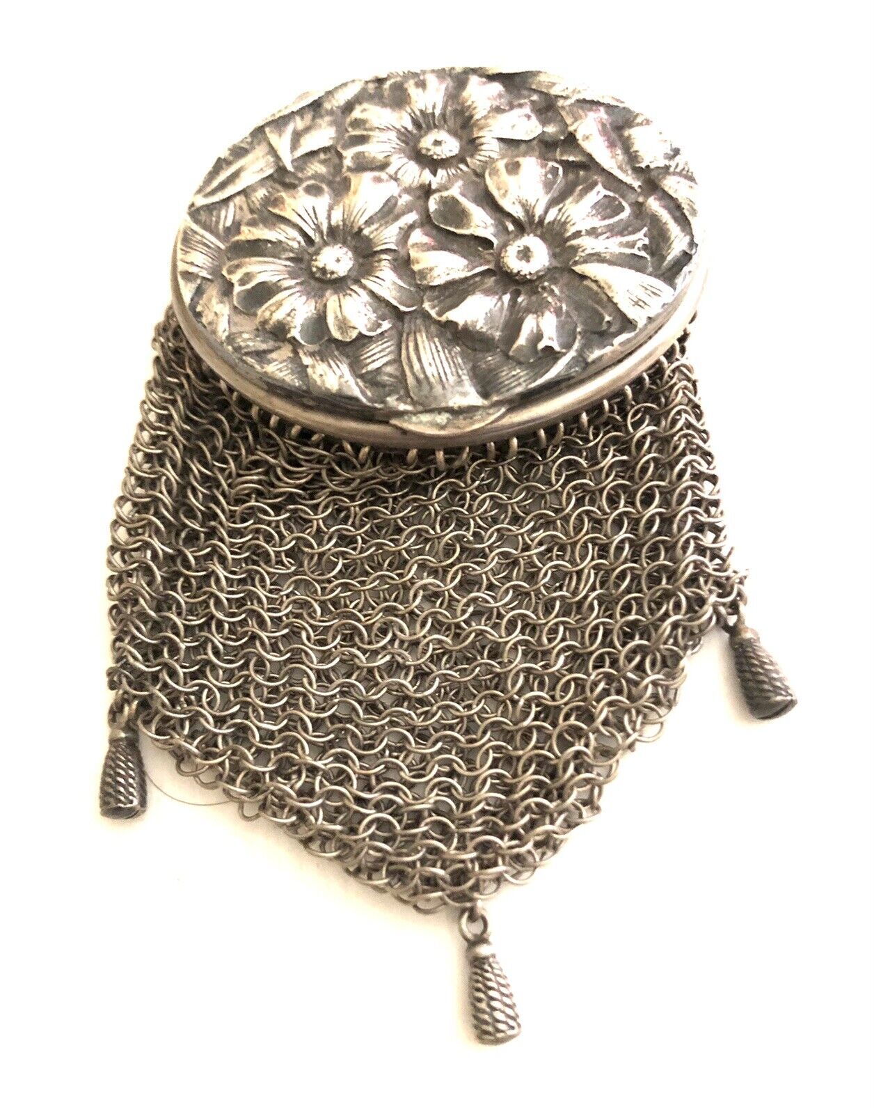 Antique Art Deco Sterling Silver Mini Mesh Purse - Flowers Marked Sterling 3.50”