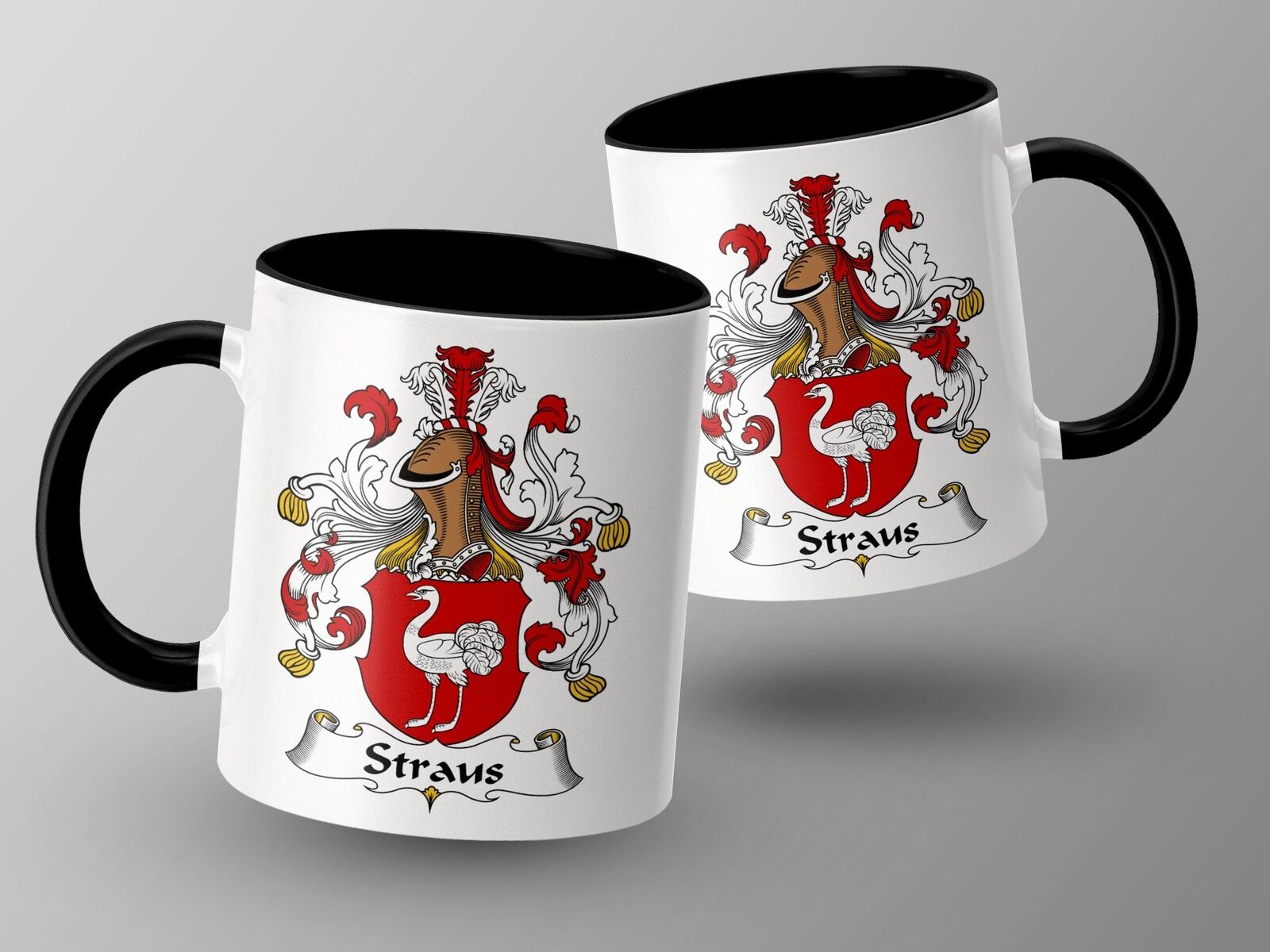 German Straus Family Crest Mug, Heraldic Red and White Coat of Arms