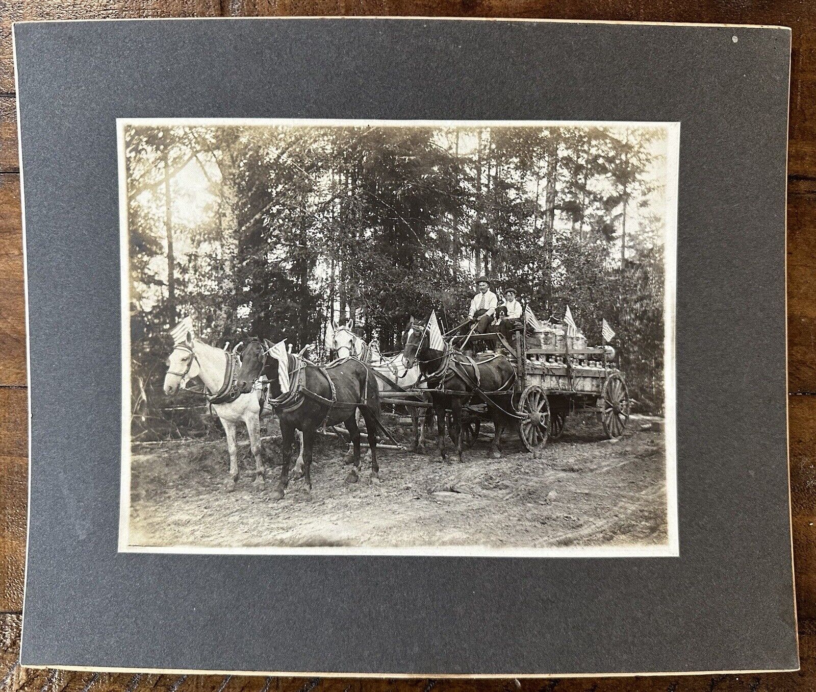 c. 1900s Patriotic Milk Wagon American Flags Horses Antique Mounted Photo 10x12