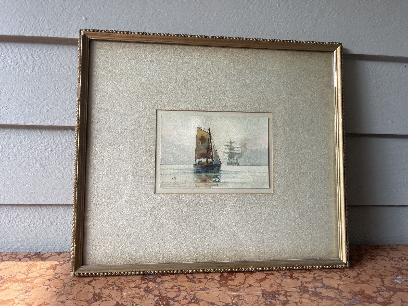 ANTIQUE WATERCOLOR SIGNED WR SAILING 19TH C SCENE TWO SAILBOATS ONE IN DISTRESS?