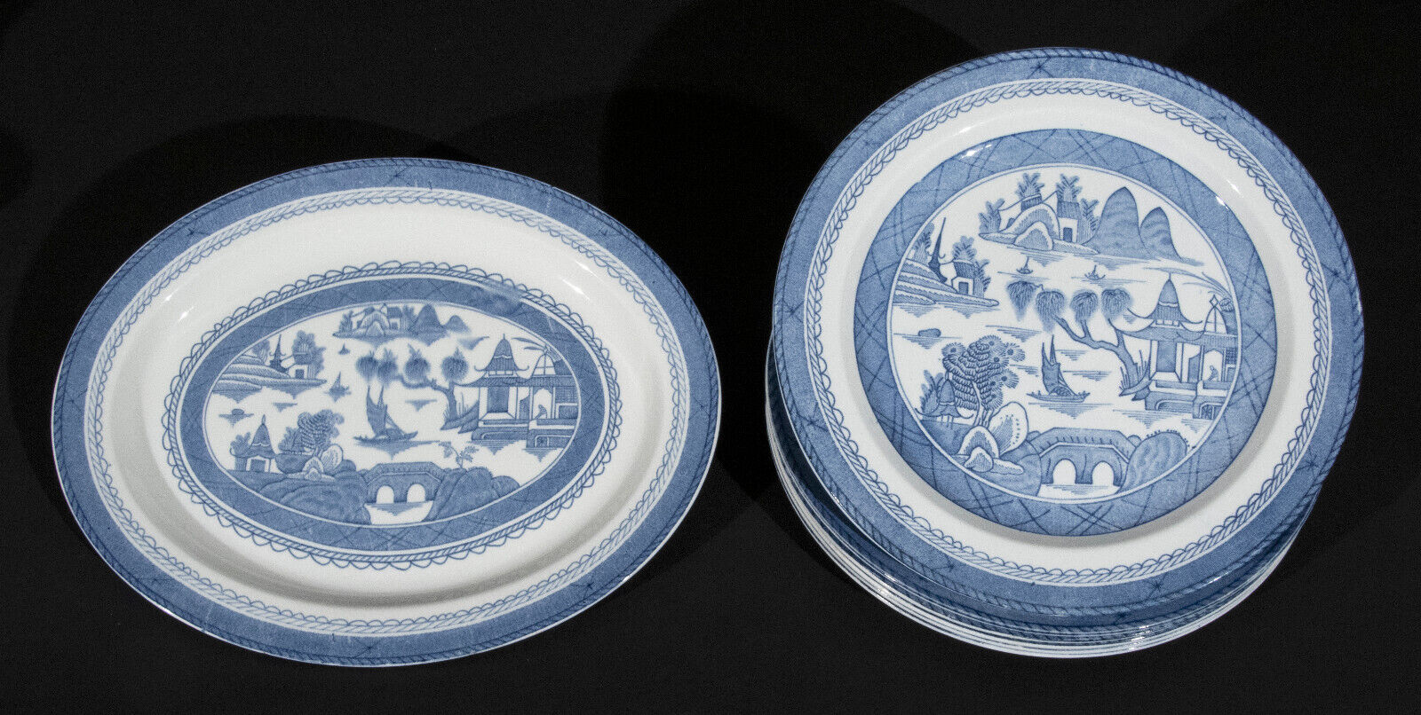 Wood & Sons Woods Ware Canton Blue Dinner Plates (6) with Platter circa 1917