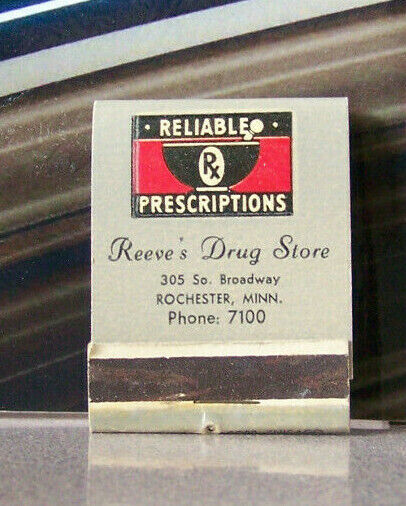Rare Vintage Matchbook Z6 Rochester Minnesota Reeve\'s Drug Store Prescriptions