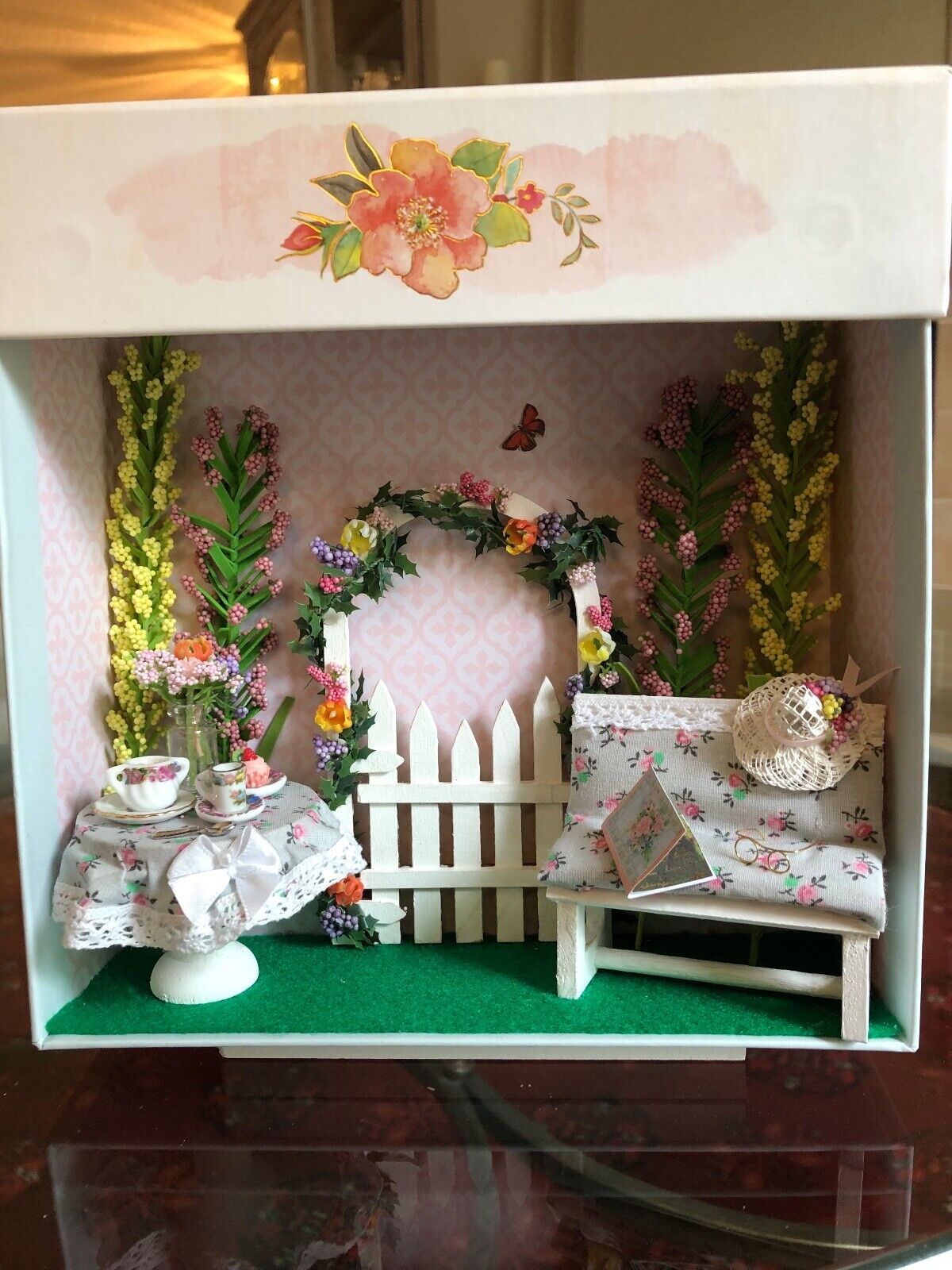Cheerful Small Handcrafted MINIATURE GARDEN TEA Diorama 1:12 Scale