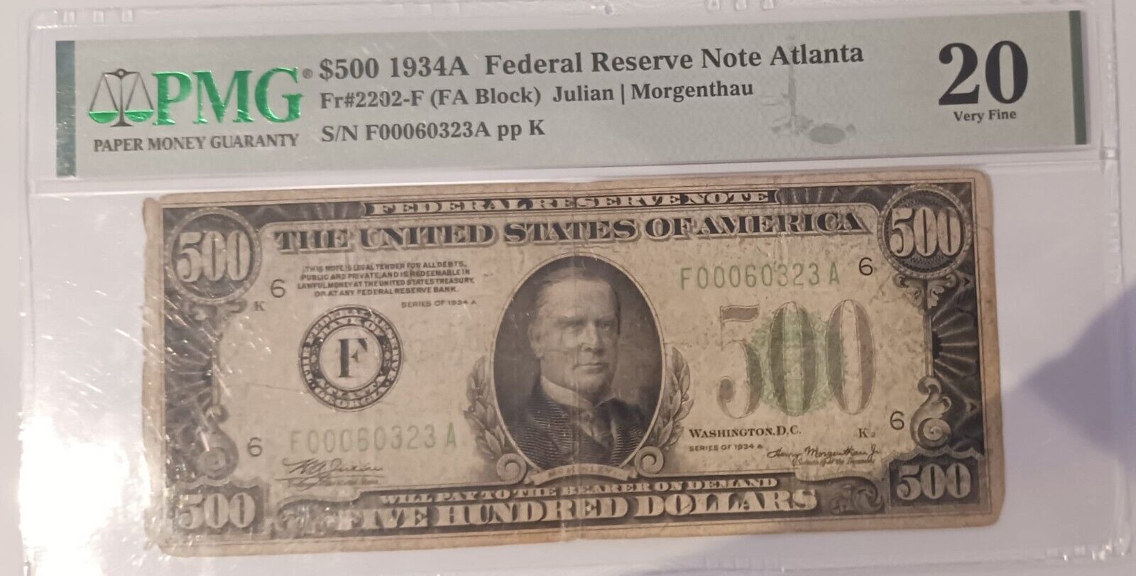 Rare 1934 A  $ 500 HUNDRED DOLLAR  F. R. N. #00060323 **PMG 20** Atlanta 