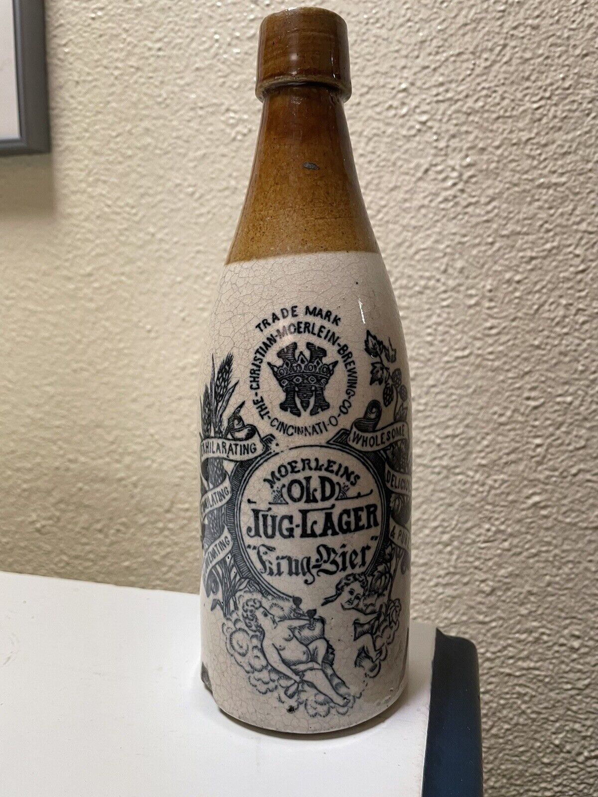 Antique Stoneware Beer Bottle Moerlein's Old Jug Lager Cincinnati, OH 1880s