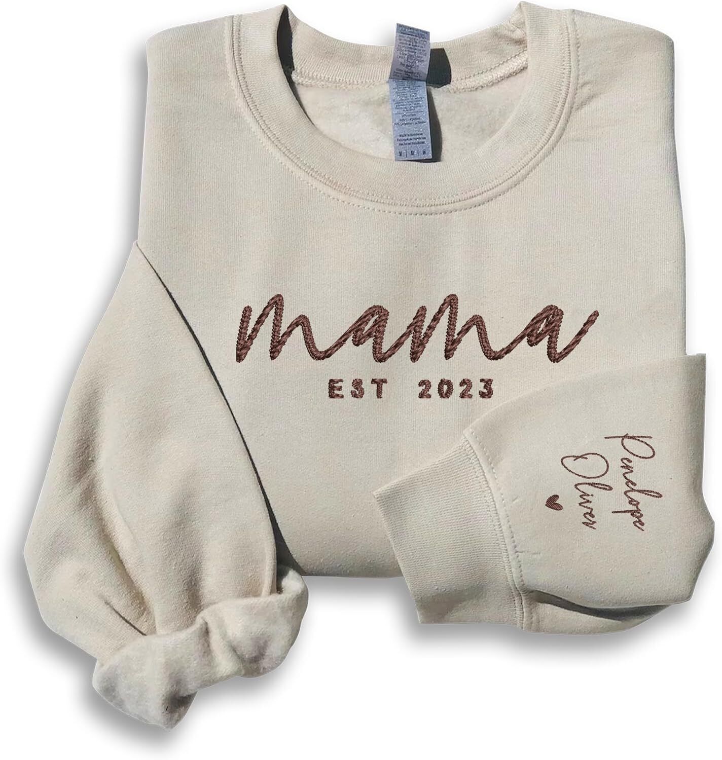 Personalized Embroidered Mama EST Sweatshirt, Custom Kids Name with Heart On Sle
