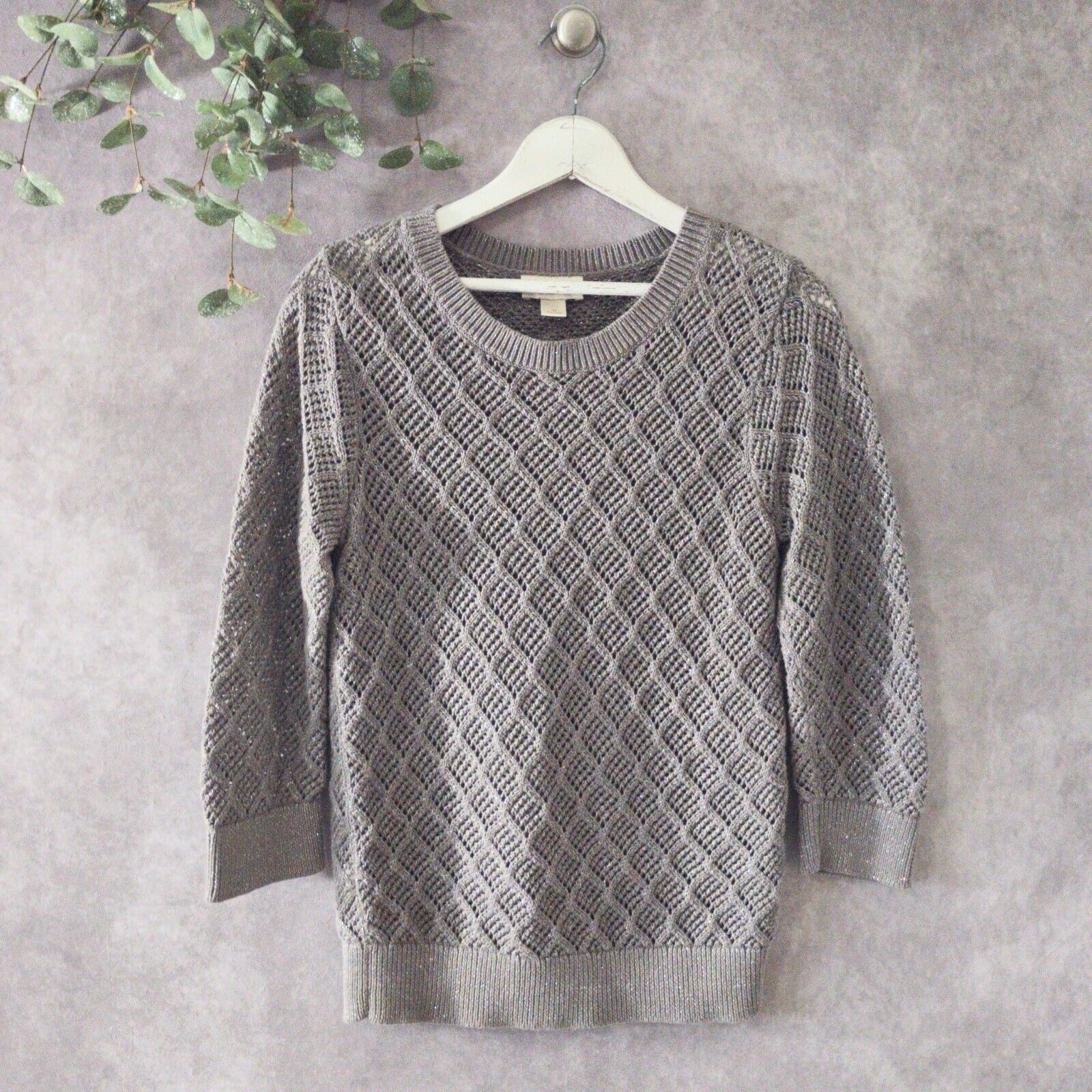 Ann Taylor Loft Sweater Womens Medium Gray Metallic Diamond Pattern 3/4 Sleeve
