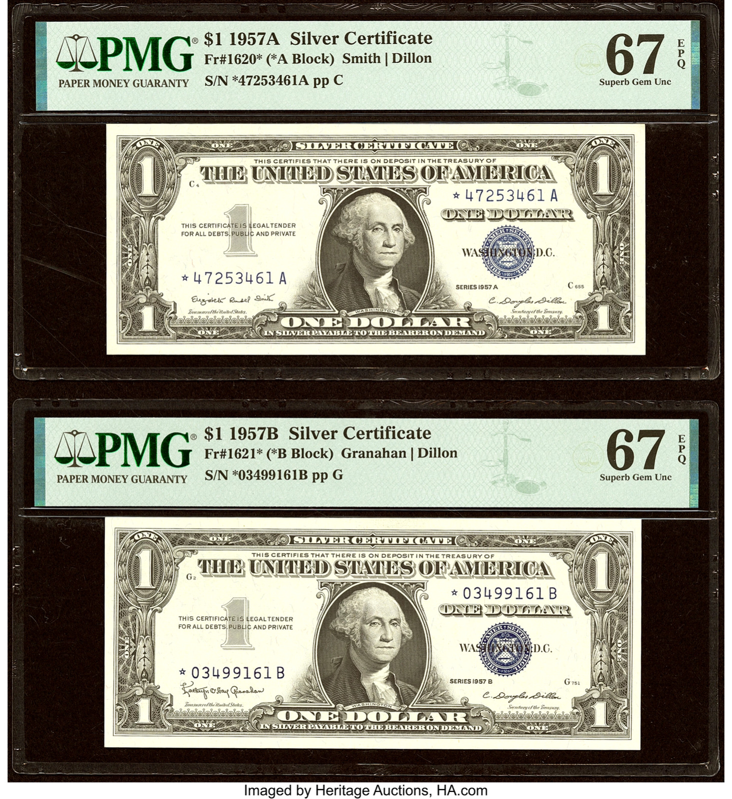 1957A & 1957B  $1 Silver *STAR* (*A & B* Blocks) fr. 1620* & 1621*--PMG 67 EPQ
