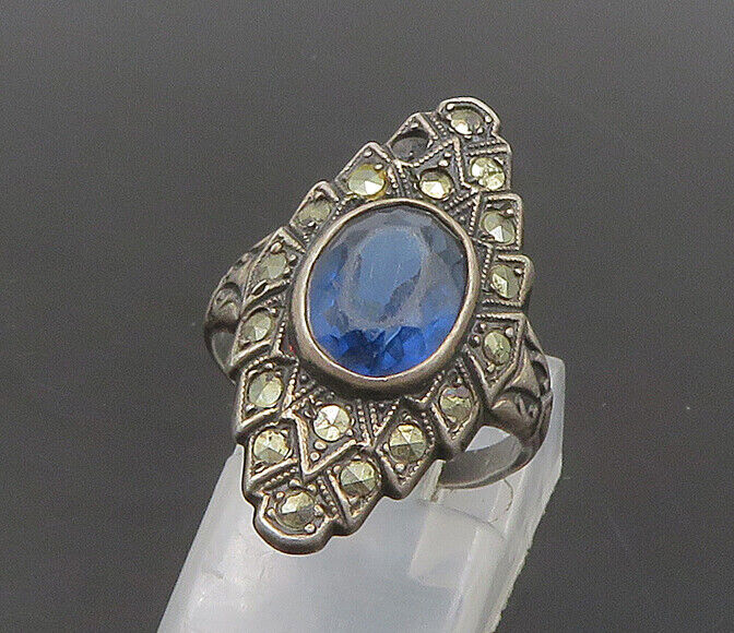 925 Sterling Silver - Vintage Blue Topaz Victorian Cocktail Ring Sz 5 - RG19300
