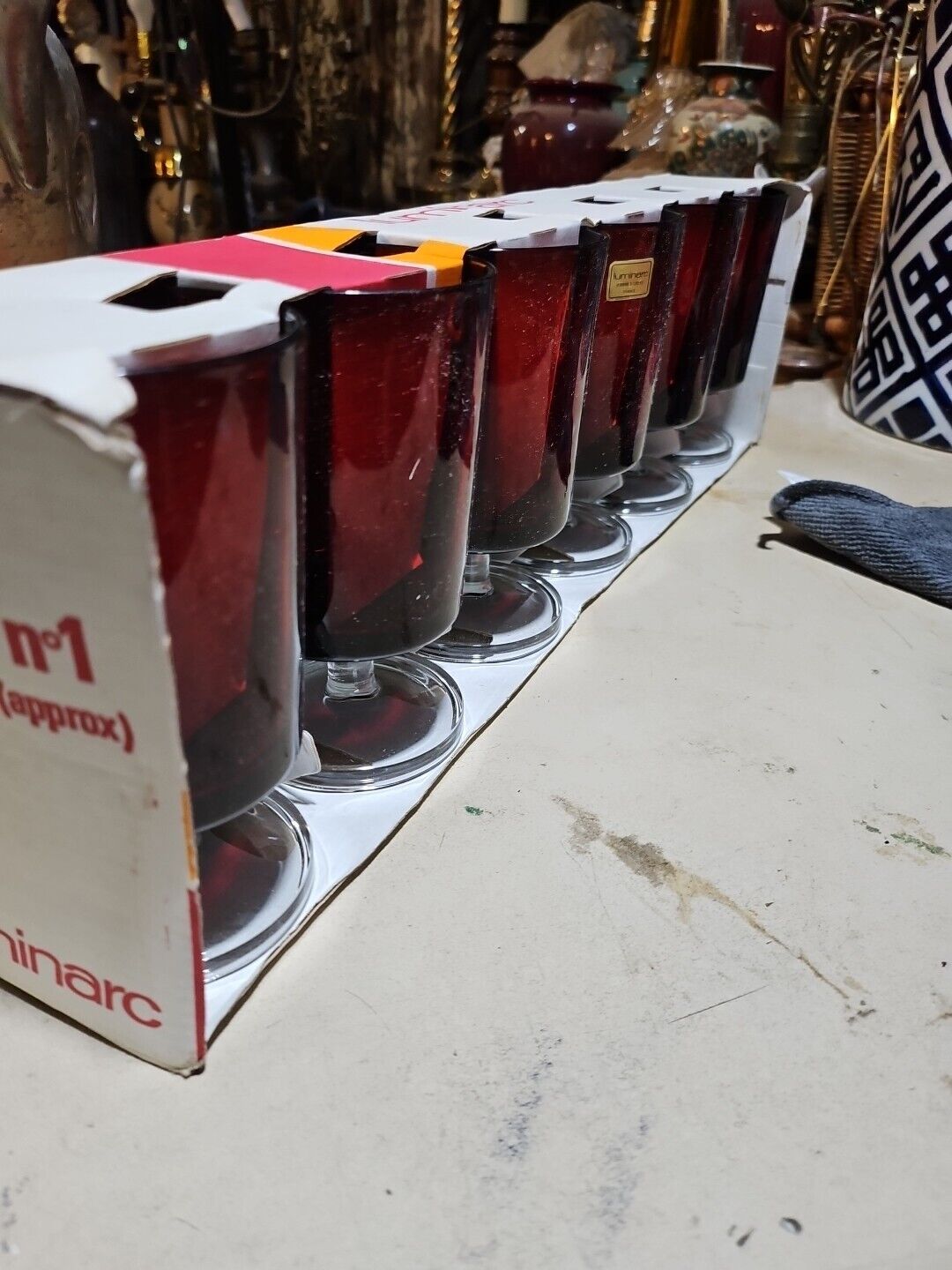 6 Vintage French Luminarc Ruby Red Glasses w/Clear Stems NEW IN BOX 5.25\