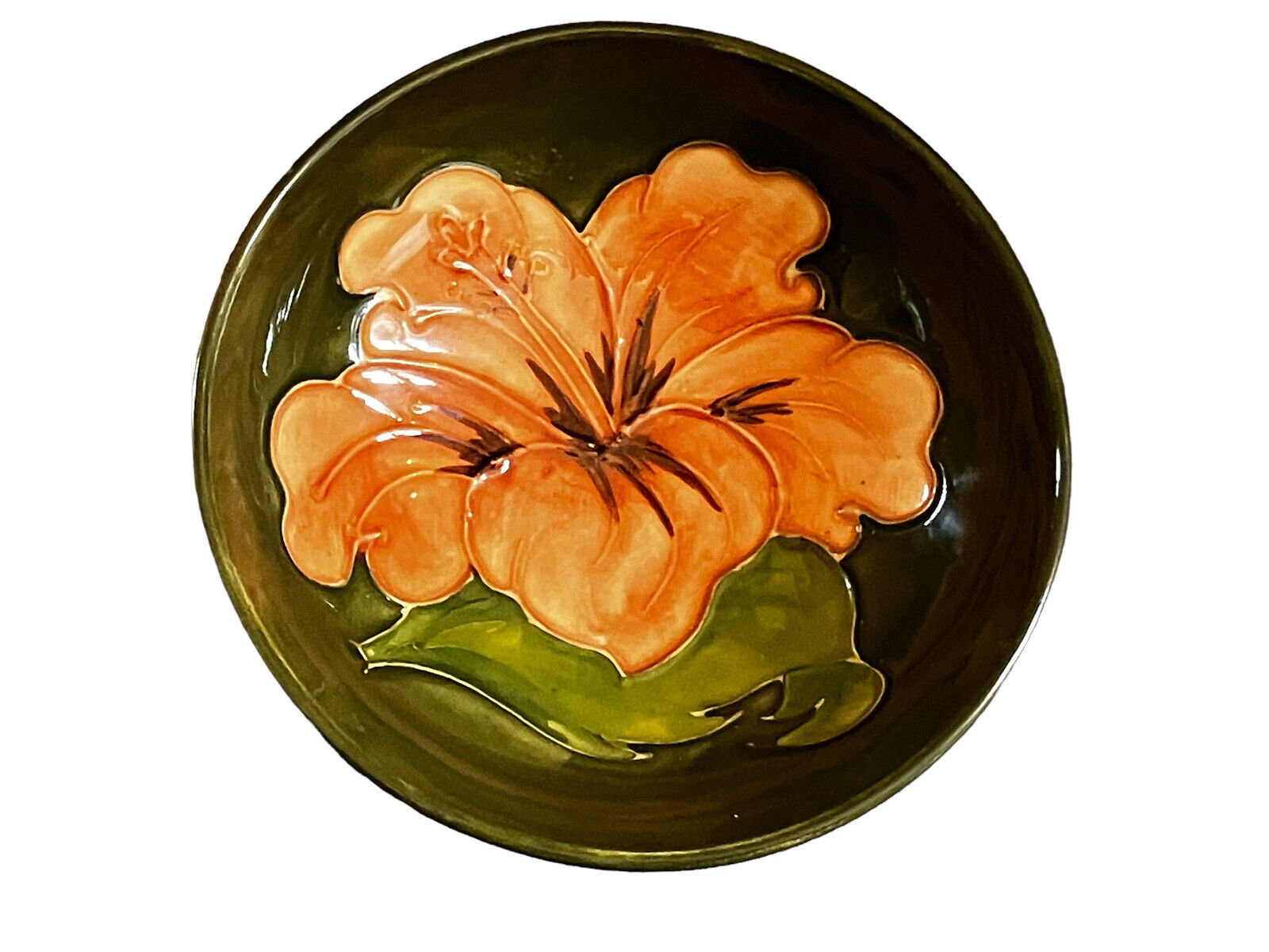 Moorcroft Pink Hibiscus Green Glazed Pottery Small Pin Bowl Trinket Dish VTG