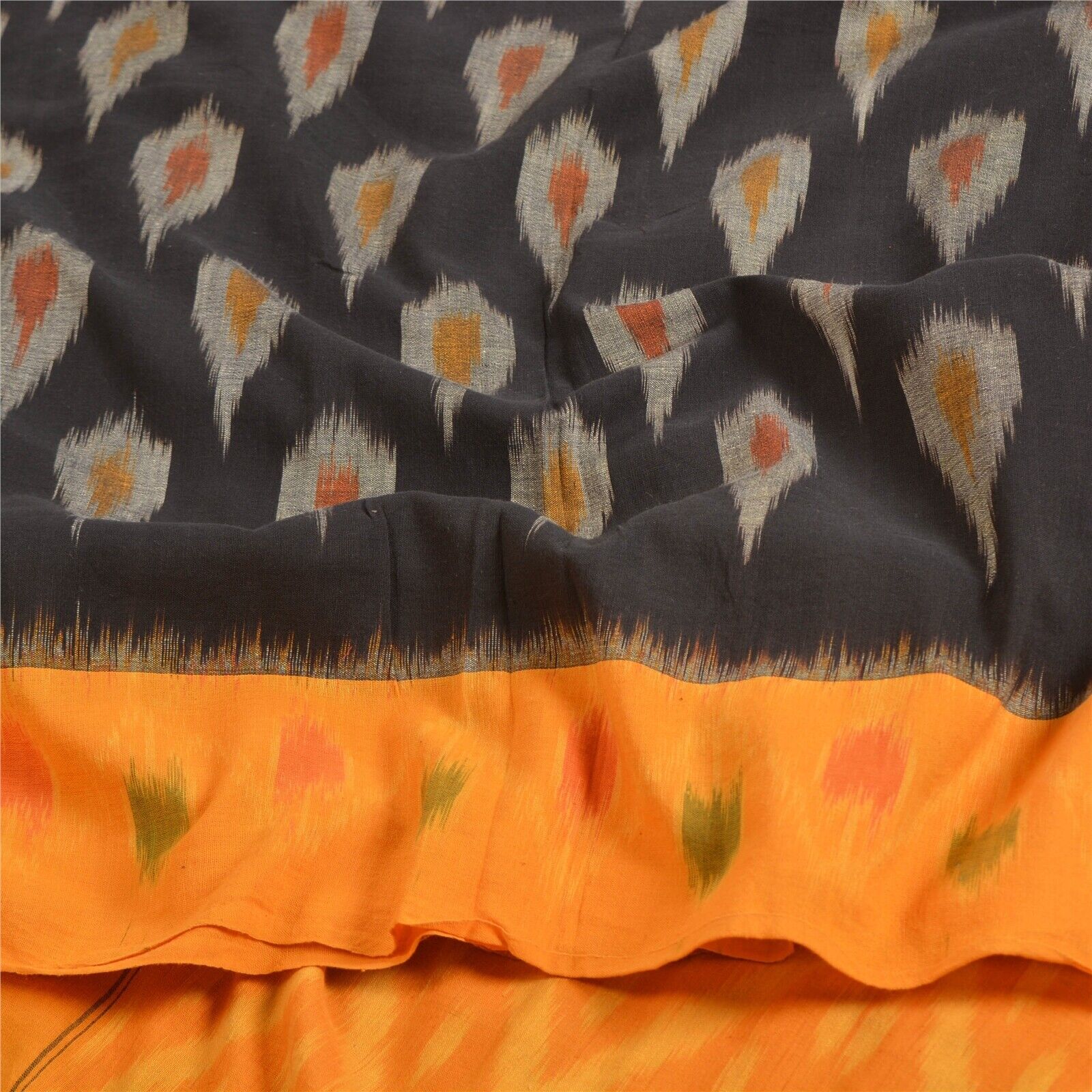 Sanskriti Vintage Saree Black Sambhalpuri Handwoven Ikat Pure Cotton Sari Fabric