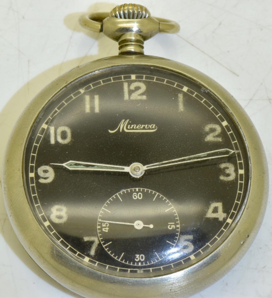 Antique Pocket Watch Minerva WWII Era Bulgarian Kingdom Pilot\'s Black Dial 1940