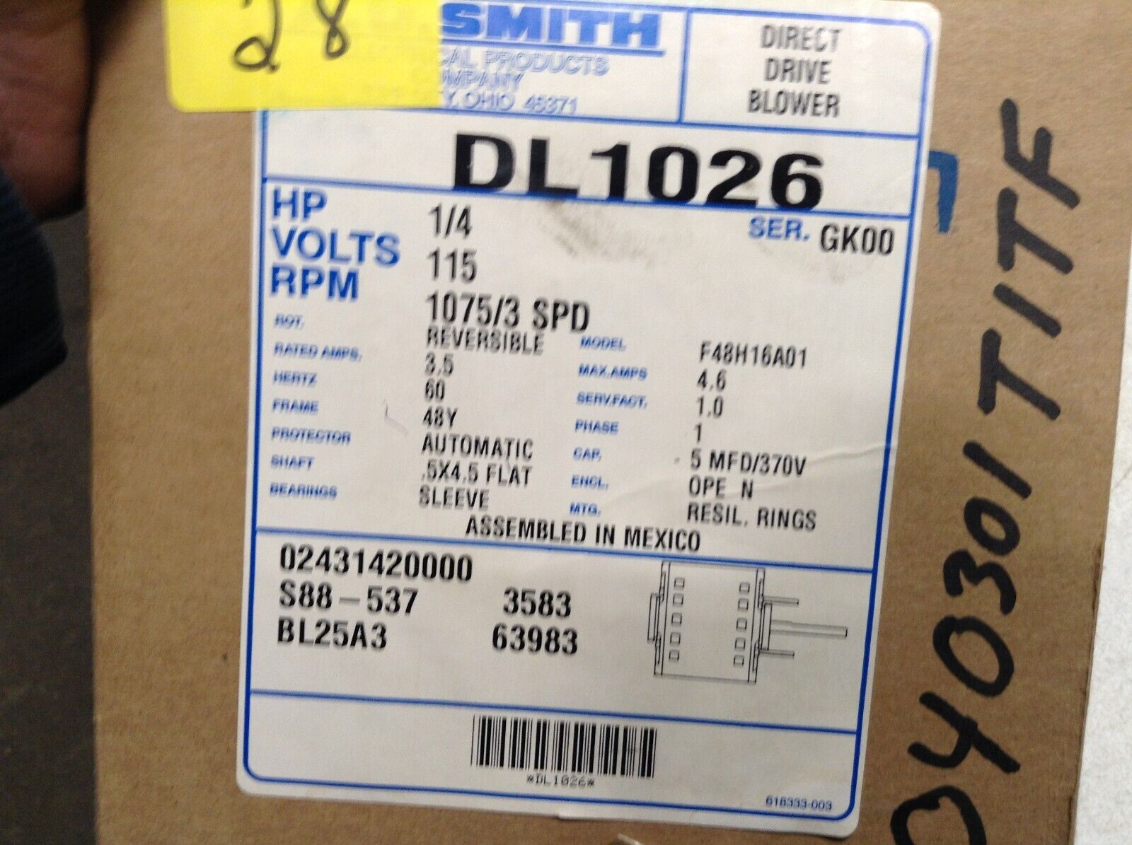 NEW AO Smith Century (DL1026) F48H16A01 Direct Drive Furnace Motor ,1/4 HP,1075
