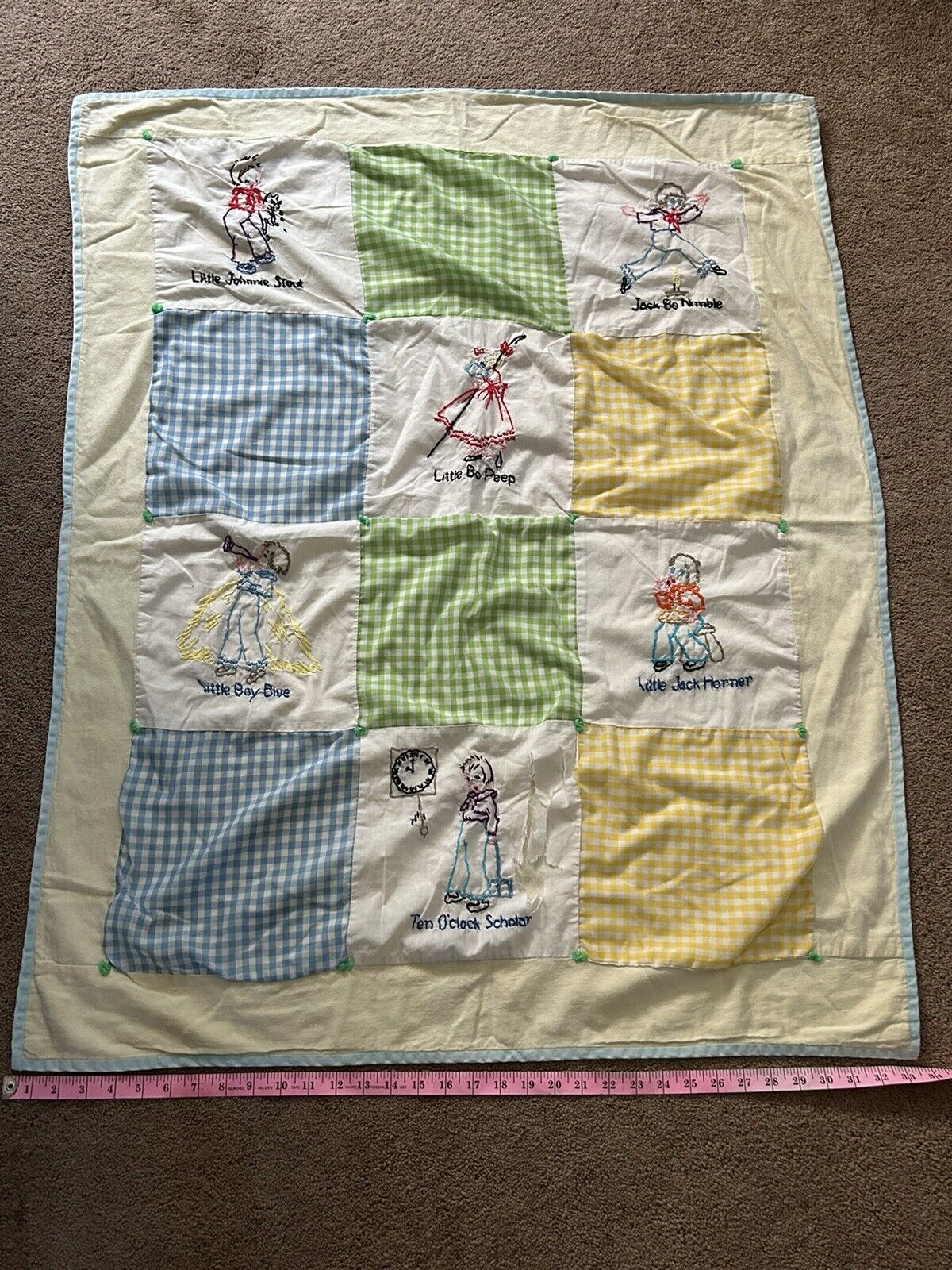 Vintage 50s Baby Quilt Hand Tied Nursery Rhyme Characters Cross Stitch