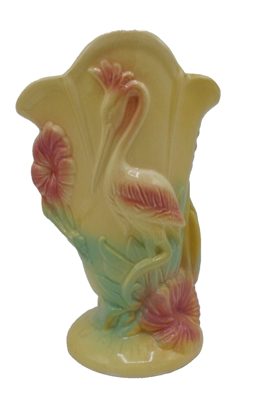 Vtg Hull Pottery 8.5 Art Deco Heron Crane Hibiscus Vase 85 USA yellow pink green