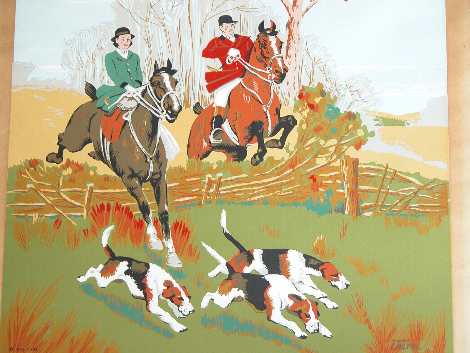 Vtg 40s Serigraph Diana Thorne Riders Hunting Scene w/ Dogs Colorgraphic Chicago