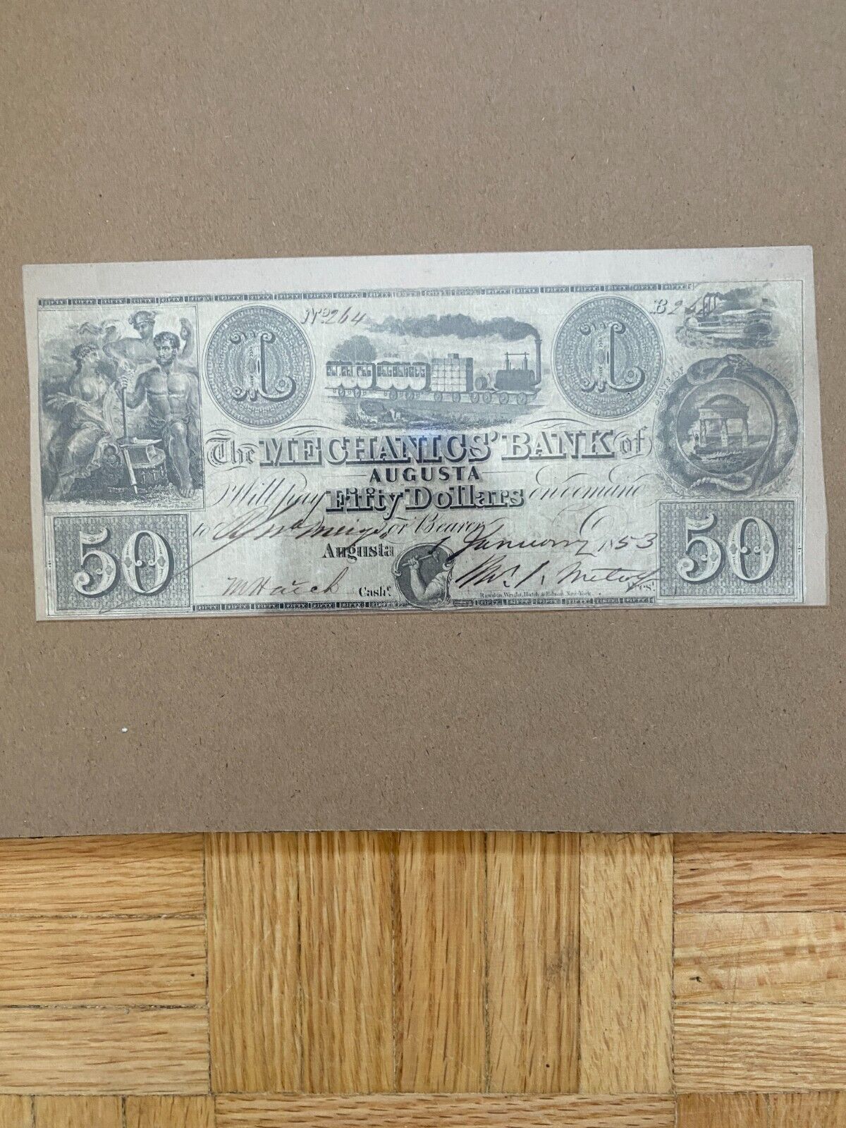 United States 1853 Mechanics Bank of Augusta $50, 2 Signatures S/N: 264-B.