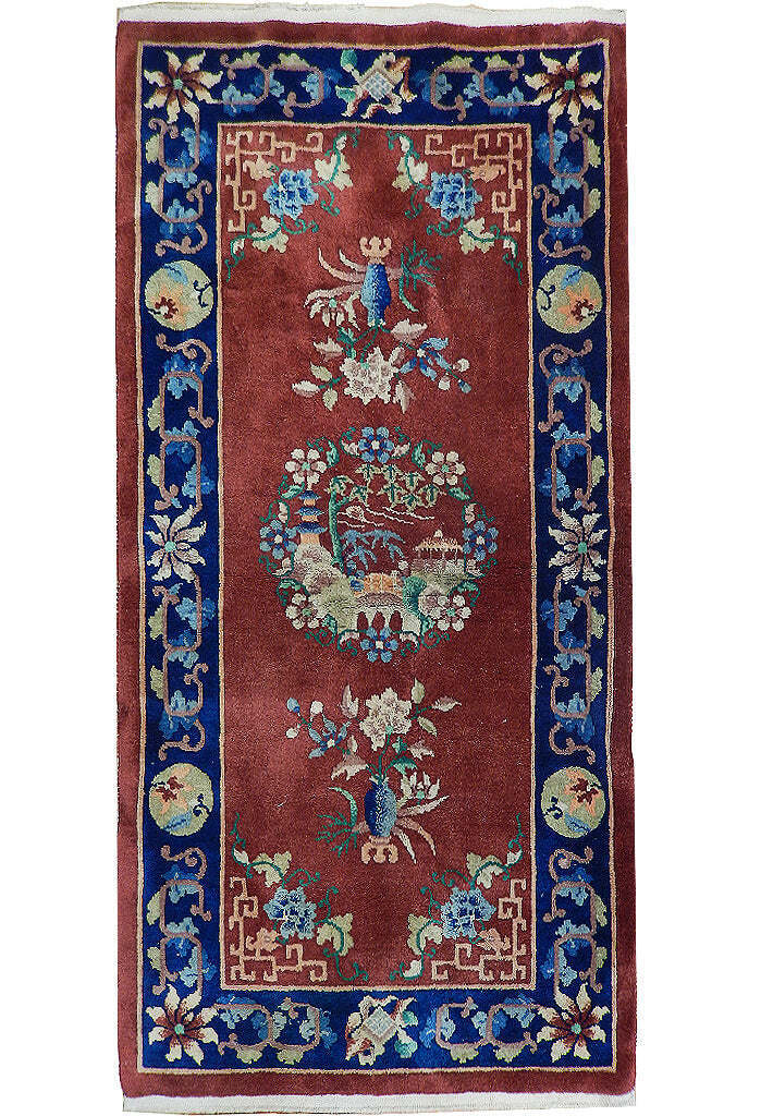 2\' x 5\' Brown Red Antique Chinese Art Deco Rug 23507